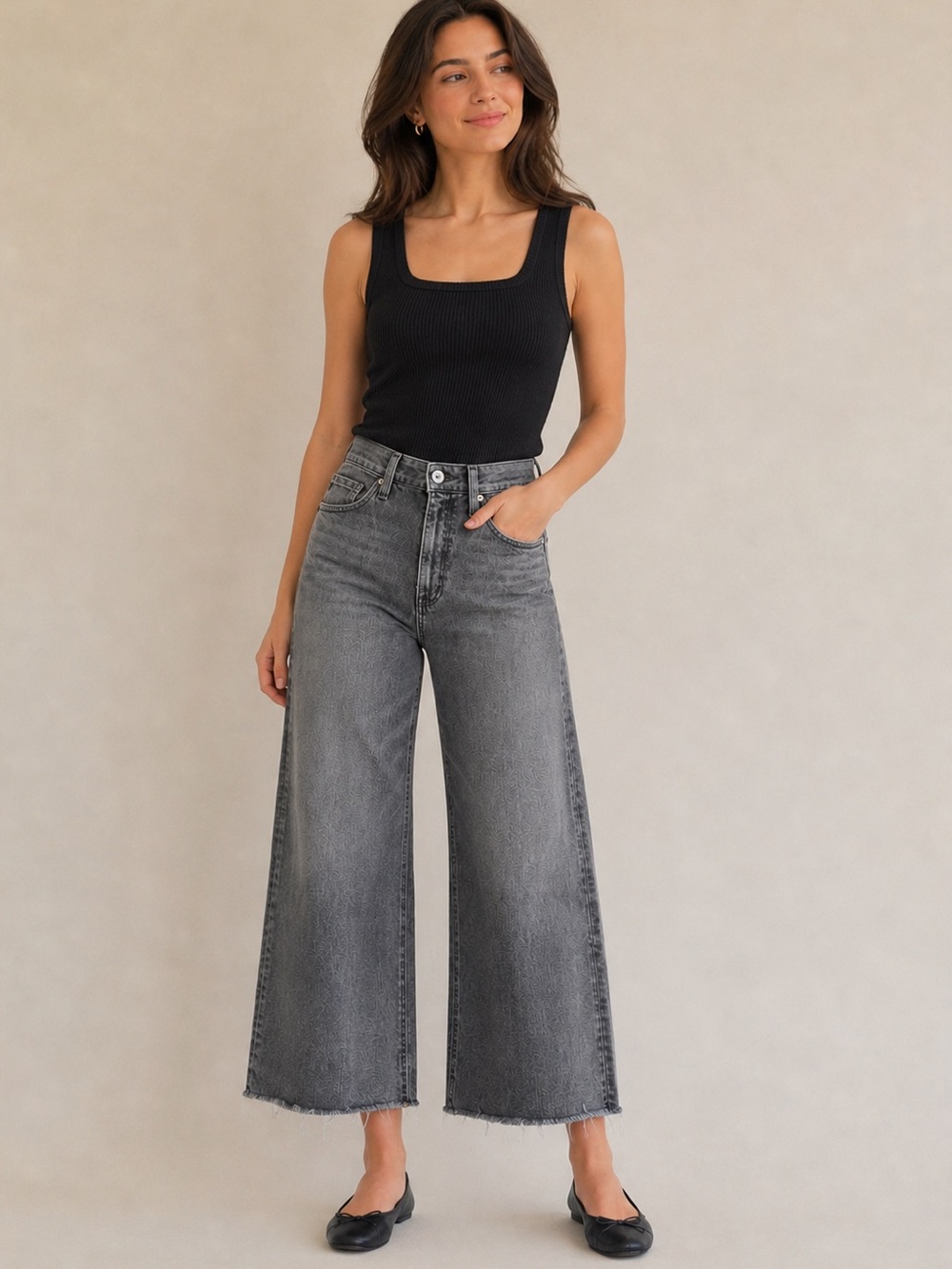 AG The Etta High Rise Wide Leg Cropped Jeans Gray Raw Hem 28